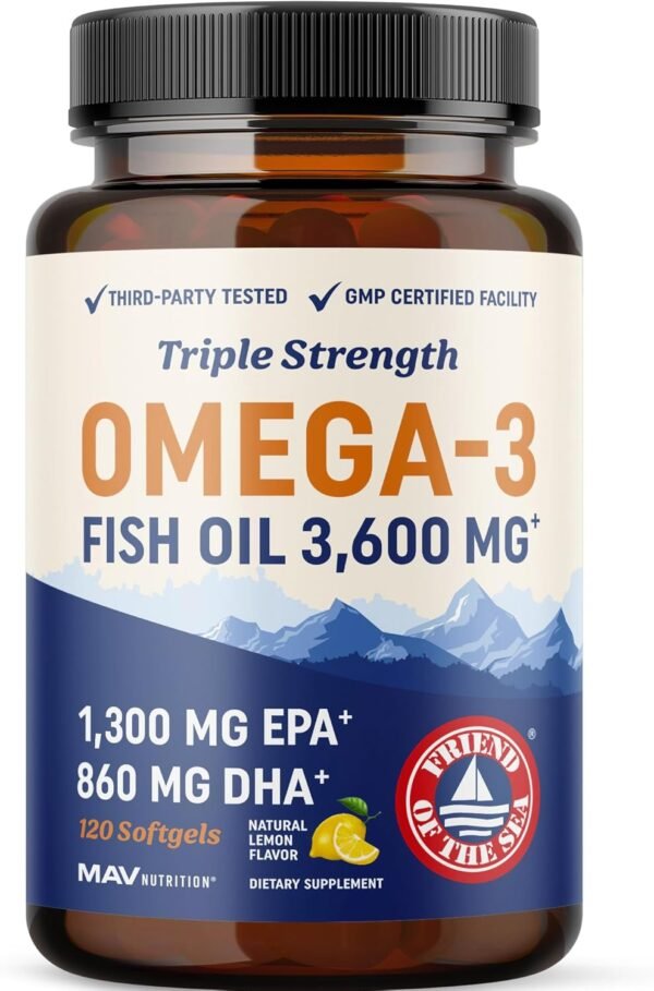 Triple Strength Omega 3 Fish Oil 3600 mg | EPA & DHA | Over 2100mg Omega-3 Fatty Acids | 1300mg EPA + 860mg DHA | Best Essential Fatty Acids | Premium Wild Caught & Burpless Fish Oil | 120 Ct - Image 2