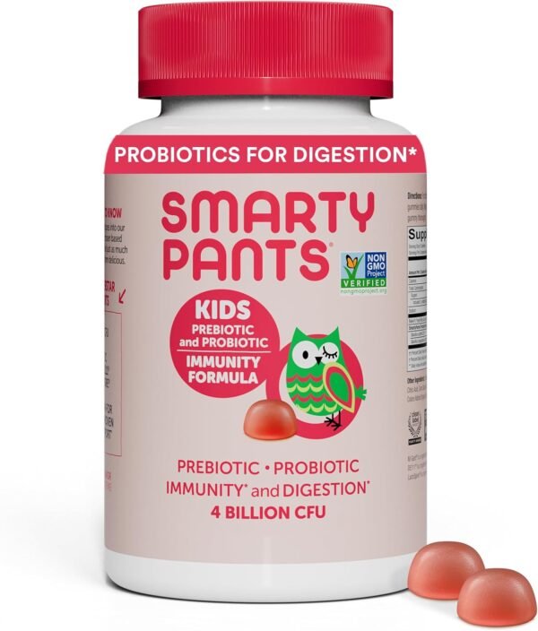 SmartyPants Kids Probiotic Immunity Gummies: Prebiotics & Probiotics for Digestive Health and Immune Support Supplement, Gluten Free, Vegan, Strawberry Crème Flavor, 60 Count (30 Day Supply) - Image 2