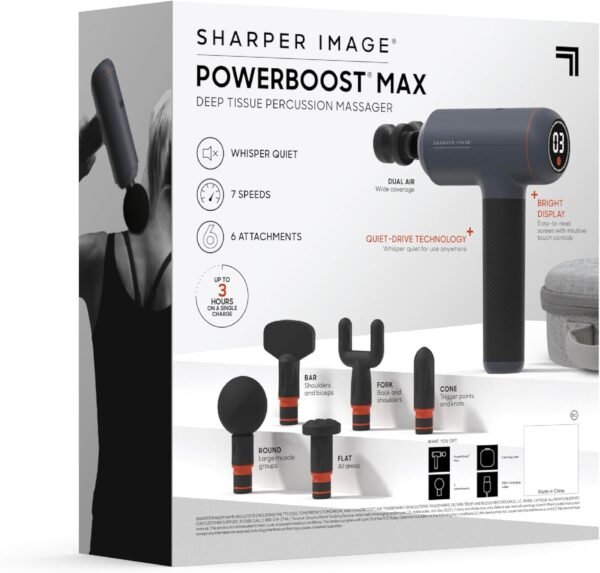 Sharper Image Powerboost Max Massage Gun with 6 Attachments, Quiet Motor, Ergonomic Grip, 7-Speed Lightweight Percussion Massager, Deep Tissue Full Body Muscle Recovery & Pain Relief - Blue - Image 10