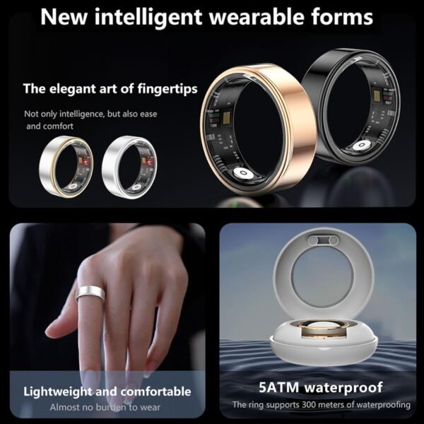 Smart Ring Fitness Tracker for Men Women, Health Sleep Heart Rate Blood Oxygen Tracker Smart Ring with Wireless Charger Box, IP68 Waterpro of Bluetooth Tracker Rings, Free APP (Golden#11) - Image 5