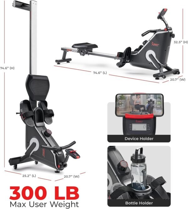 Sunny Health & Fitness Flip & Foldable Rowing Machine for Home w/Extended Slide Rail, Full-Body Workout, Low-Impact, Optional Extra Long Rail, Quiet Rail Cover, Water Motion and Free SunnyFit App - Image 7