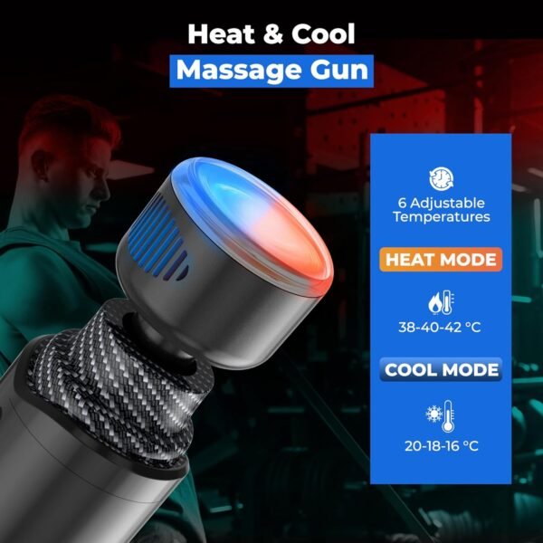 Massage Gun Deep Tissue with Heat and Cold Head, 6 Temperatures, 20 Levels & 10 Heads, Handheld Muscle Massager Gun with Carry Case, Portable Percussion Muscle Massager Gun (Black) - Image 4