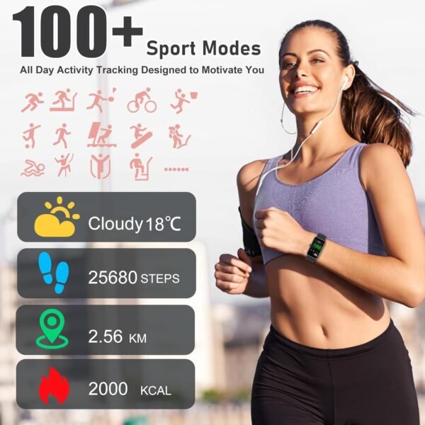 Fitness Tracker, Step Tracker with 24/7 Heart Rate, Sleep Blood Oxygen Blood Pressure, Step Counter, 100+ Sports Modes Smart Watch, Pedometer Health Activity Tracking for Women Men - Image 5