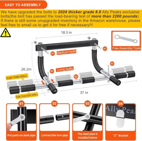 Ally Peaks Pull Up Bar for Doorway | Thickened Steel Max Limit 440 lbs Upper Body Fitness Workout Bar| Multi-Grip Strength for Doorway | Indoor Chin-Up Bar Fitness Trainer for Home Gym Portable - Image 6