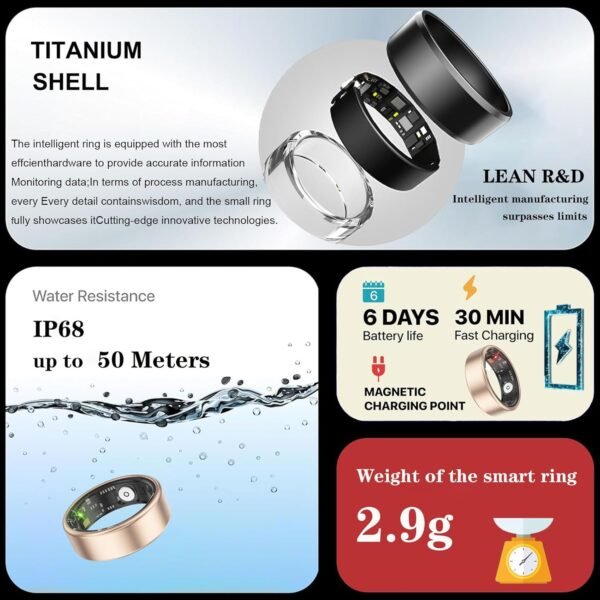Smart Ring Fitness Tracker for Men Women, Health Sleep Heart Rate Blood Oxygen Tracker Smart Ring with Wireless Charger Box, IP68 Waterpro of Bluetooth Tracker Rings, Free APP (Golden#11) - Image 8