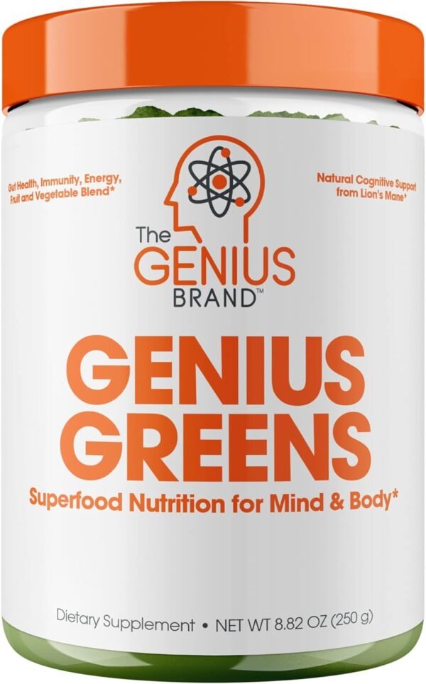 Genius Super Greens Superfood Powder, Nootropic Supplement - Organic Spirulina Powder with Lions Mane, Kale, Spinach & Antioxidants - Juice & Smoothie Mix for Energy, Immunity & Gut Health - Image 2