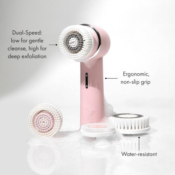 Vanity Planet Raedia 2.0 Facial Cleansing Brush, 4 Interchangeable Brush Heads, Pink - Daily Cleansing Face Exfoliator for Glowing & Acne Prone Skin - Lightweight Silicone Water-Resistant Body Brush - Image 6