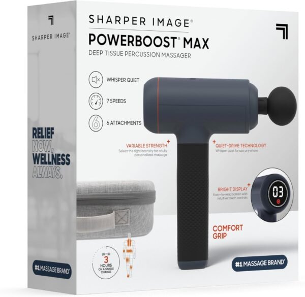 Sharper Image Powerboost Max Massage Gun with 6 Attachments, Quiet Motor, Ergonomic Grip, 7-Speed Lightweight Percussion Massager, Deep Tissue Full Body Muscle Recovery & Pain Relief - Blue - Image 9
