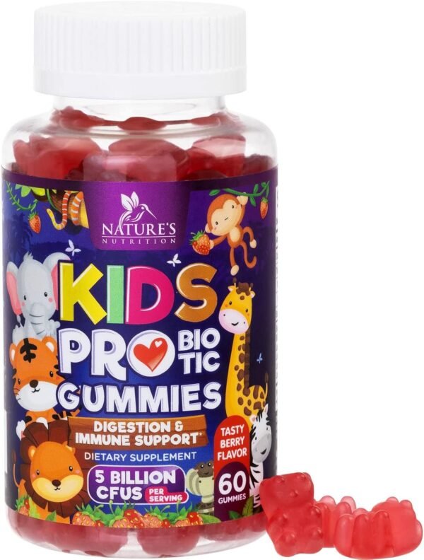 Kids Probiotic Gummies - Chewable Daily Probiotics for Kids Ages 3+ - Natural Digestive Health & Immune Support Vitamin - Vegan, Gluten Soy & Dairy Free, Berry Flavored, Shelf Stable - 60 Gummies - Image 2