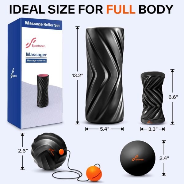 Sportneer 4 in 1 Foam Roller Set: Dual Textures Foam Roller, Foot Roller, Lacrosse Ball, Traction Massage Ball with String, Deep Massage Roller for Whole Body Release, Physical Therapy (Black) - Image 8