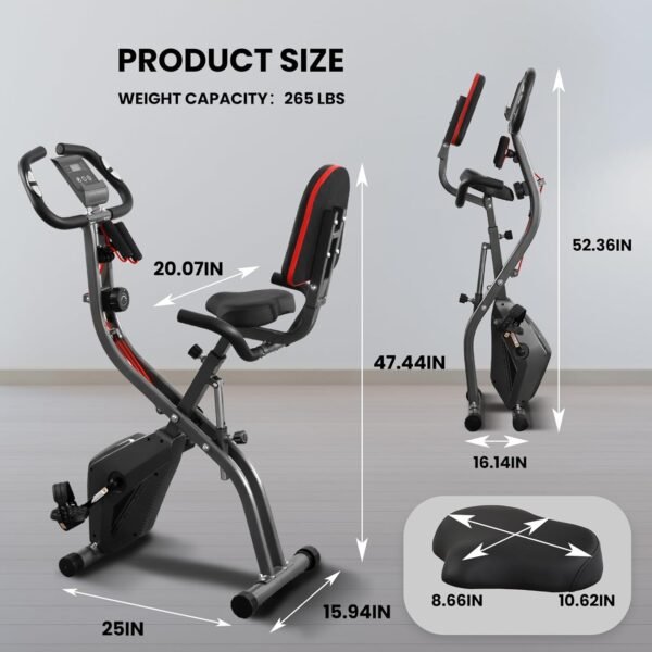 Exercise Bike Stationary Bike Folding Exercise Bike with 10 Level Adjustable Magentic Resistance Support Back Pad and Phone/Tablet Holder Arm Resistance Band Pulse Sensor LCD Monitor for Home Workout 265 LB Capacity - Image 9