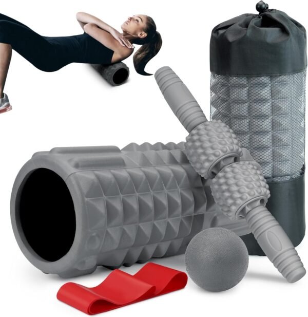 5-in-1 Foam Roller Set, Massage Roller Stick, Massage Ball, Resistance Band for Deep Muscle Massage, Trigger Point Release, Pilates, Yoga (Grey) - Image 2
