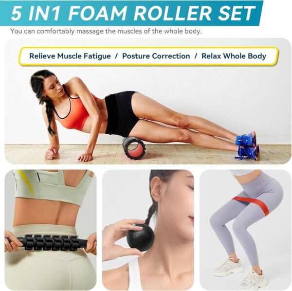 5 in1 Foam Roller Set for Deep Tissue Muscle Massage, High Density Fitness Exercise Foam Roller, Massage Roller, Massage Ball, Resistance Band, for Whole Body (Black) - Image 7