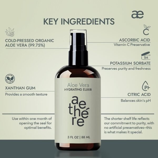 Aethere Aloe Vera Gel for Face, Skin and Hair - Sunburn Relief - Cold Pressed Organic Aloe Vera - Grown and Harvested in Texas - USA - Aloe - Elixir - 3 Fl Oz 2PK - Image 4
