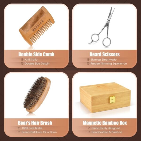 Beard Grooming Kit, Birthday Gifts for Men with Beard Oil, Balm, Brush, Wash, Wax, Comb, Scissors, 1 fl oz - Image 7