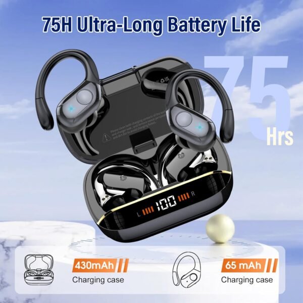 Wireless Earbuds Bluetooth 5.4 Headphones 75H Playtime Stereo Deep Bass Sports Ear Buds with Earhooks, LED Display Bluetooth Earbuds with 4 ENC Mic, IP7 Waterproof Earphone for Workout/Running, Black - Image 4