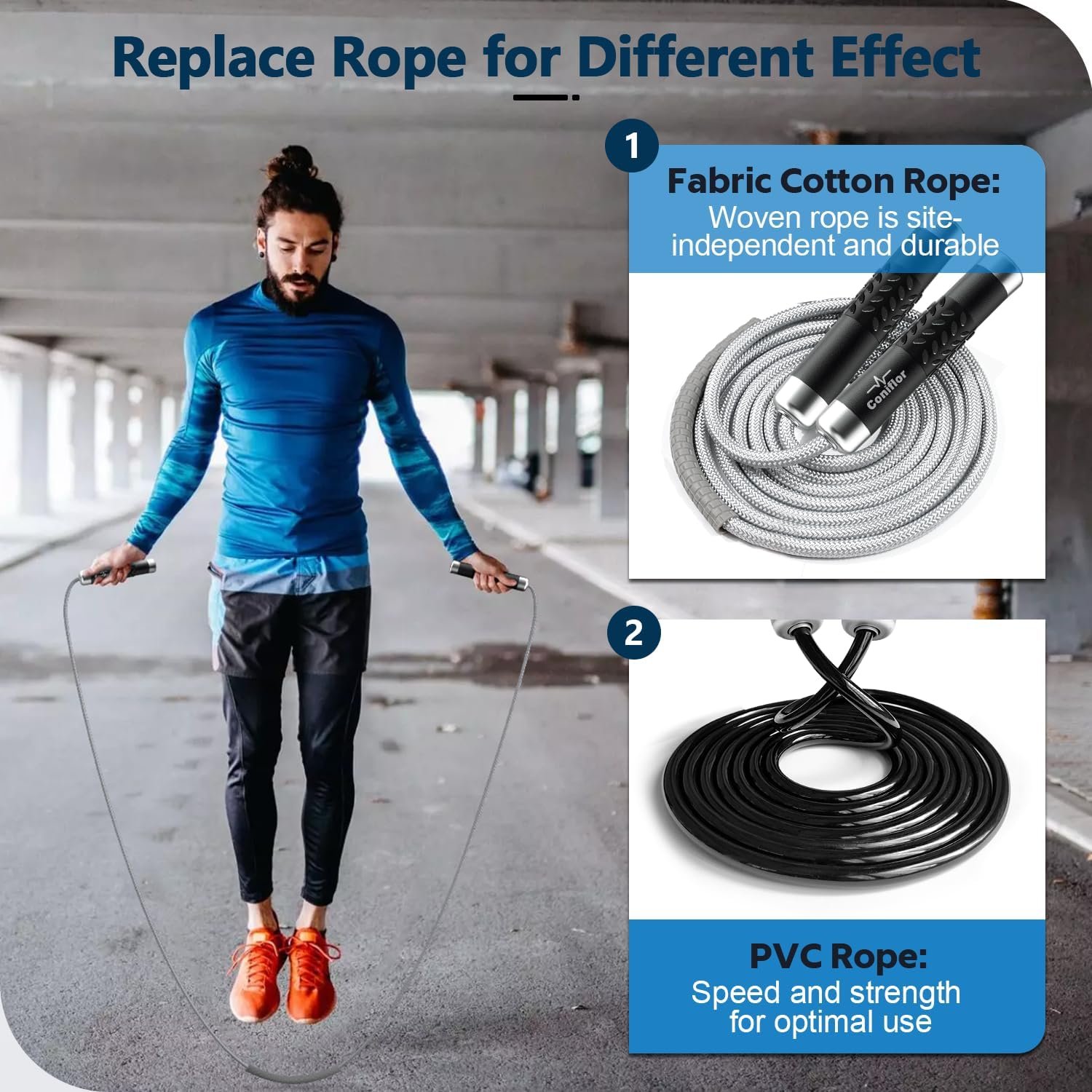 Weighted Jump Rope, 1LB Tangle-Free Ball Bearing Rapid Speed Skipping Rope for Men Women, Adjustable 9mm Cotton & PVC Rope with Alum Handle for Boxing MMA Weight-Loss Athletic Workout Fitness - Image 4