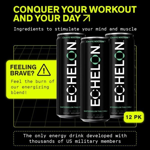 Echelon Pre-Workout Energy Drink - 12-Pack, Watermelon Chili - Peak Performance, Sustained Energy, Focus and Endurance Dietary Supplement - 300mg of Caffeine, Beta-Alanine, L-Theanine & Fiber - Vegan - Image 4