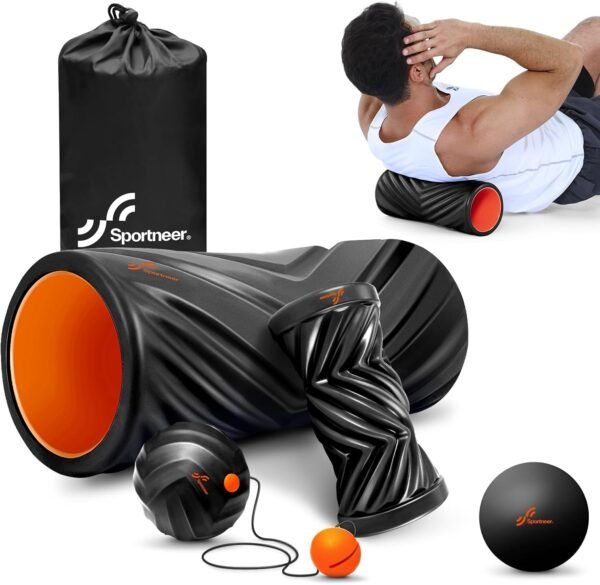 Sportneer 4 in 1 Foam Roller Set: Dual Textures Foam Roller, Foot Roller, Lacrosse Ball, Traction Massage Ball with String, Deep Massage Roller for Whole Body Release, Physical Therapy (Black) - Image 2