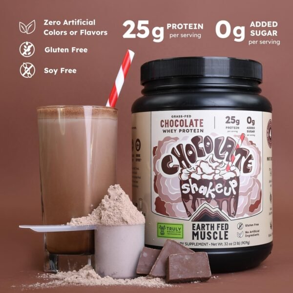Earth Fed Muscle Chocolate Shakeup Grass-Fed Whey Protein Powder 2lb - 25g Protein Per Serving, No Fillers, Soy-Free, Non-GMO, Hormone-Free, Clean Ingredients for Smooth Blends & Recovery - Image 3