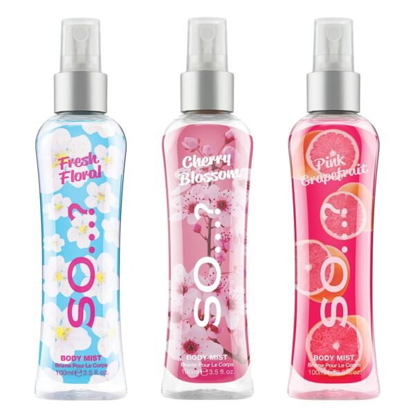 So…? Body Mist Kit for Women - 3 Pc Kit 3.5oz Fresh Floral Body Mist, 3.5oz Cherry Blossom Body Mist, 3.5oz Pink Grapefruit Body Mist - Image 2