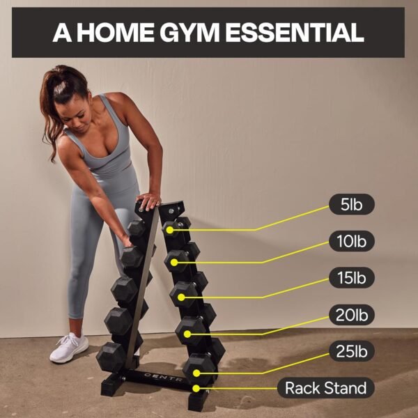 Centr Dumbbell Set with Rack, 150 LB, 5 Pairs Dumbbell Weight Set - Rubber Hex Fitness Weights for Home Gym with A-Frame Storage Rack - Exercise & Workout Weights for Muscle & Strength Training - Image 3