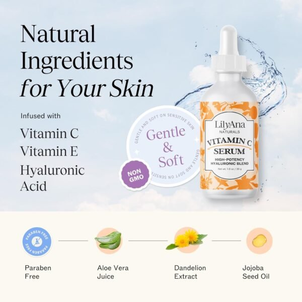 LilyAna Naturals Vitamin C Serum for Face - Face Serum with Hyaluronic Acid and Vitamin E, Anti Aging Serum, Reduces Age Spots and Sun Damage, Promotes Collagen and Elastin (1oz) - Image 4