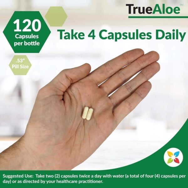 True-Aloe 80,000mg Aloe Vera Gel Equivalent Per Serving – Made with Organic Aloe Vera (120 Capsules) Digestive, Skin and Joint Support | Small Easy-to-Swallow Pills - Image 4