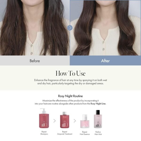 Rosy Night Vegan Hair Perfume Long-Lasting Floral Musky Scented with Damask Rose Extract, Rosehip Oil, Peptide Complex for All Hair Type, Free of Silicone & Parabens (3.38 fl. Oz) - Image 7