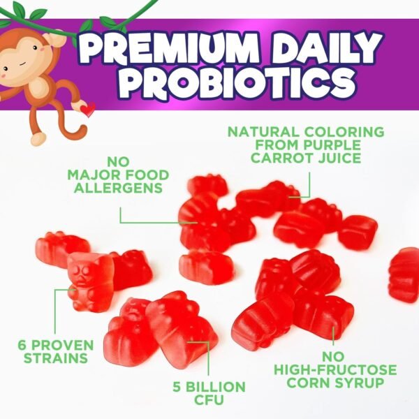 Kids Probiotic Gummies - Chewable Daily Probiotics for Kids Ages 3+ - Natural Digestive Health & Immune Support Vitamin - Vegan, Gluten Soy & Dairy Free, Berry Flavored, Shelf Stable - 60 Gummies - Image 9
