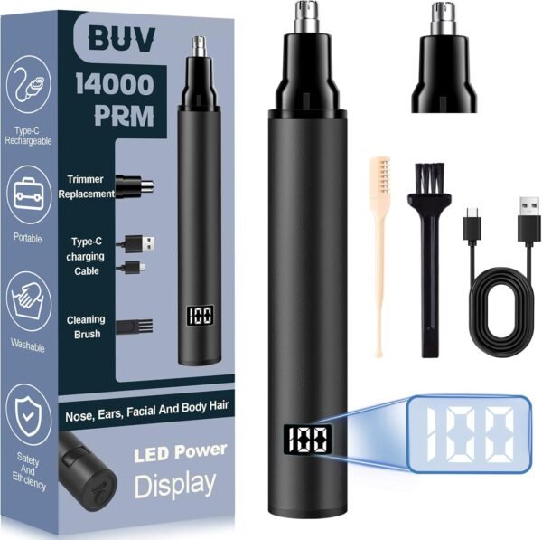 Nose Hair Trimmer with LED Display for Men and Women - 2024 Professional Painless USB Rechargeable Facial & Nose Hair Trimmer Clipper – 14,000 RPM IPX7 Waterproof Dual Edge Blades, Black - Image 2