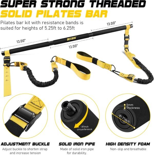 Pilates Bar Kit with Resistance Bands for Working Out, 210lbs Heavy Resistance Bands with Handles, Pilates Equipment with Resistance Band Bar for Men Women, at Home Gym Full Body Workout Equipment - Image 3