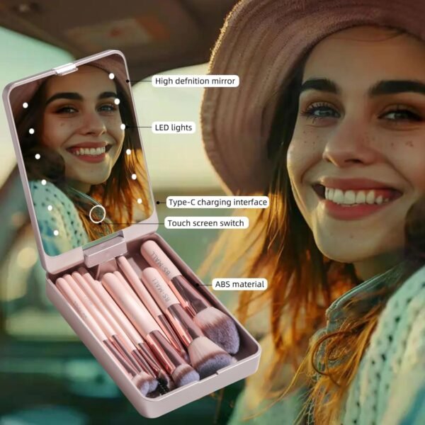 BS-MALL Travel Makeup Brush Set Foundation Powder Concealers Eye Shadows Makeup Set with LED light Mirror 14 Pcs Mini Makeup Brushes (APINK) - Image 5
