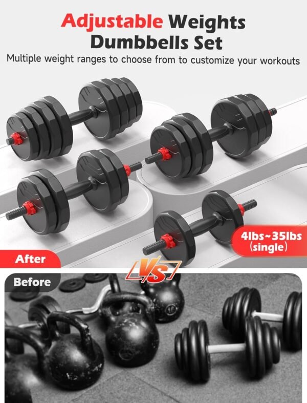 Adjustable Dumbbells Sets, 20/30/40/55/60/70/80/90lbs Free Weights Dumbbells Set of Convertible 2 or 3 in 1 Dumbbells Set Used as Barbell, Kettlebells, A Pair of Lightweight for Home Gym - Image 7