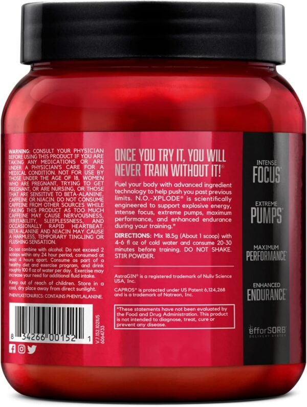 BSN N.O.-XPLODE Pre Workout Powder, Energy Supplement for Men and Women with Creatine and Beta-Alanine, Flavor: Fruit Punch, 30 Servings - Image 8