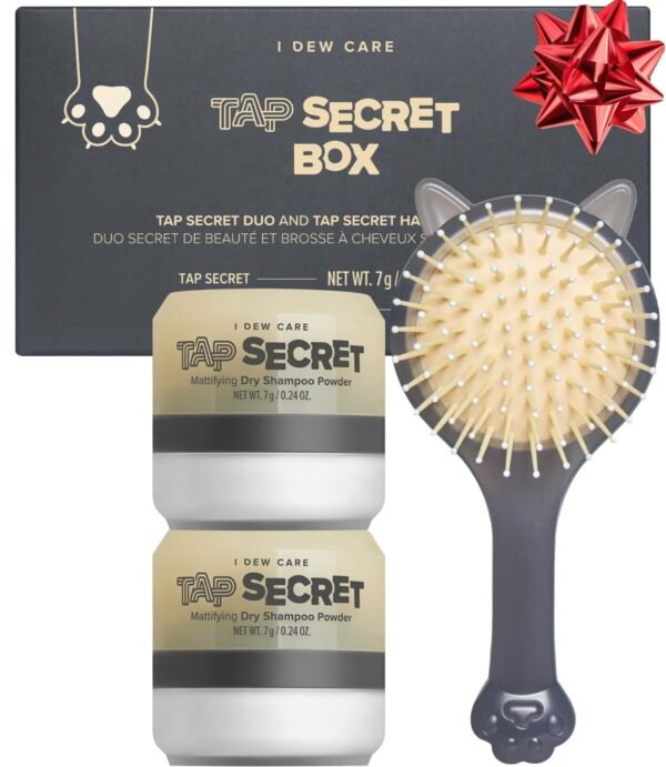 I DEW CARE Biotin Dry Shampoo Powder - Tap Secret Box Gift Set | Korean Black Ginseng, Non-aerosol, Benzene-free, Detangling Hair Brush with Mirror, Valentine Gift Sets for Women and Men, Travel Size - Image 2