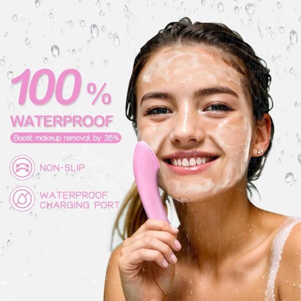 PRITECH Silicone Face Scrubber, Rechargeable Facial Cleansing Brush with Heat Massage End, Vibrating Exfoliating Face Scrubber for Women and Men, Waterproof Facial Scrubber for Deep Cleansing (Pink) - Image 7