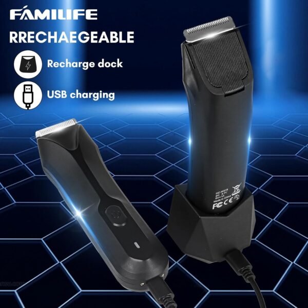 FAMILIFE Body Trimmer for Men, Ball Trimmer Men, Electric Groin & Pubic Hair Trimmers, Replaceable Ceramic Blade Heads, Waterproof Wet/Dry Use, Standing Recharge Dock, 90 Minutes Usage - Image 4