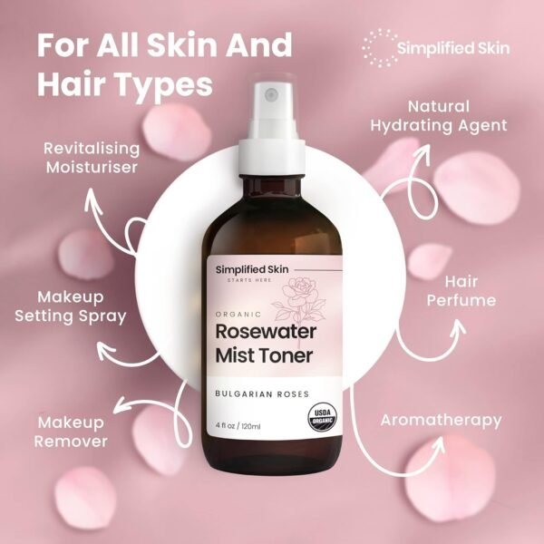 Rose Water Spray for Face & Organic Rose Water for Hair - USDA Certified Rosewater Facial Toner - Alcohol-Free Makeup Setting Hydrating Face Mist - Anti-Aging Bulgarian Rose Water Toner Spray - 4 Oz - Image 8
