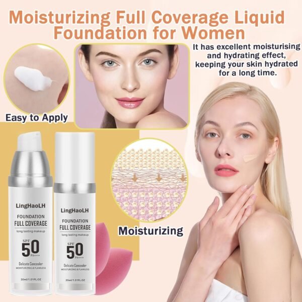 2PCS Color Changing Foundation Makeup Set with 2 Makeup Sponges,Moisturizing Full Coverage Liquid Foundation for Women,Non-greasy Long Lasting Flawless Concealer Cream Makeup Foundation Set - Image 8