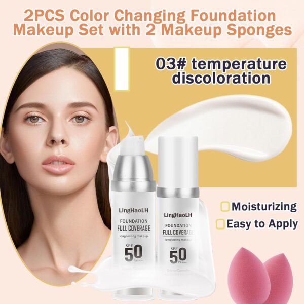 2PCS Color Changing Foundation Makeup Set with 2 Makeup Sponges,Moisturizing Full Coverage Liquid Foundation for Women,Non-greasy Long Lasting Flawless Concealer Cream Makeup Foundation Set - Image 3