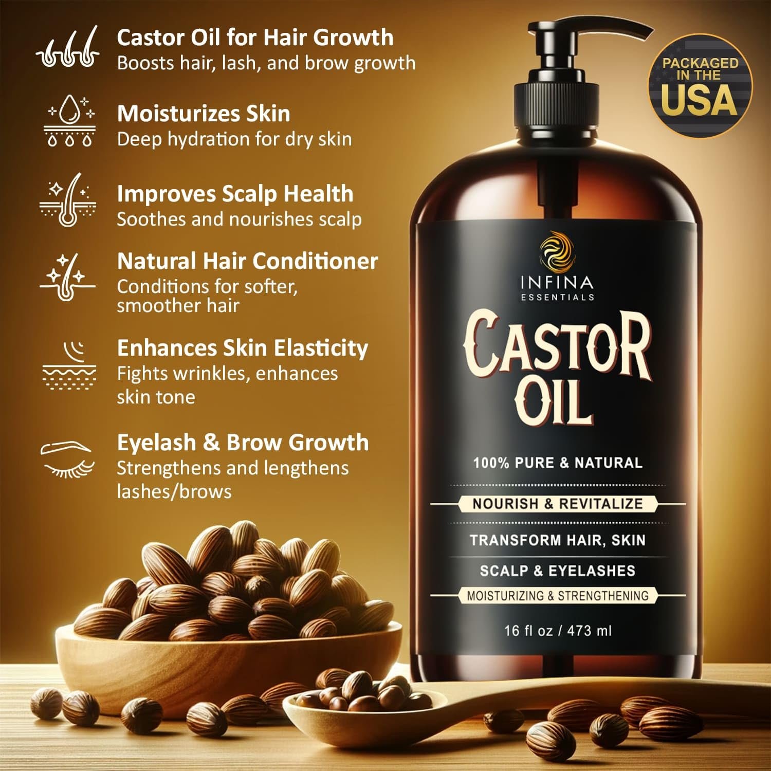 Pure Cold Pressed Castor Oil - Hexane Free, Glass Bottle for Hair Growth, Face, Scalp, Skin & Eyelashes - Nourishing and Moisturizing - 16 fl oz - Image 4