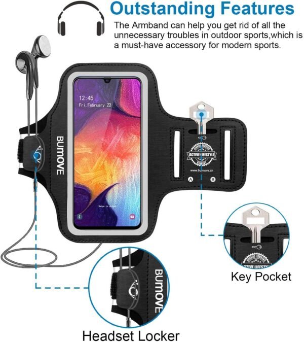 Galaxy A55,A54, A34, A35, A15 Armband, BUMOVE Gym Running Workouts Sports Phone Arm Band for Samsung Galaxy A53 A32 A14 A13 A12 A03s with Card Holder (Black) - Image 3