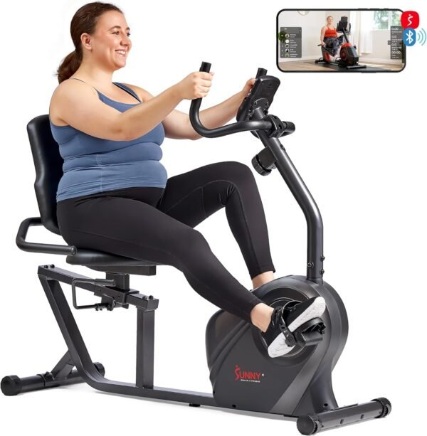 Sunny Health & Fitness Smart Heavy-Duty Recumbent Bike w/Wide Cushioned Seat & Back, Indoor Cycling Machine for Adult/Seniors Home Exercise, Free SunnyFit App Connect, Optional Workout Training Bands - Image 2