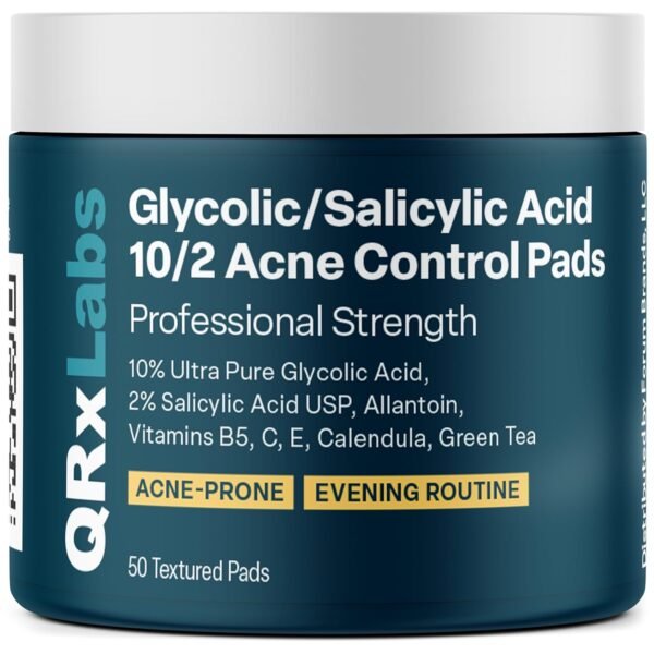 QRxLabs Glycolic + Salicylic Acid Acne Control Pads with 10% Ultra Pure Glycolic & 2% Salicylic, Allantoin, Vitamin B5, C & E, Calendula & Green Tea - Acne Treatment for Clear Skin - Image 2