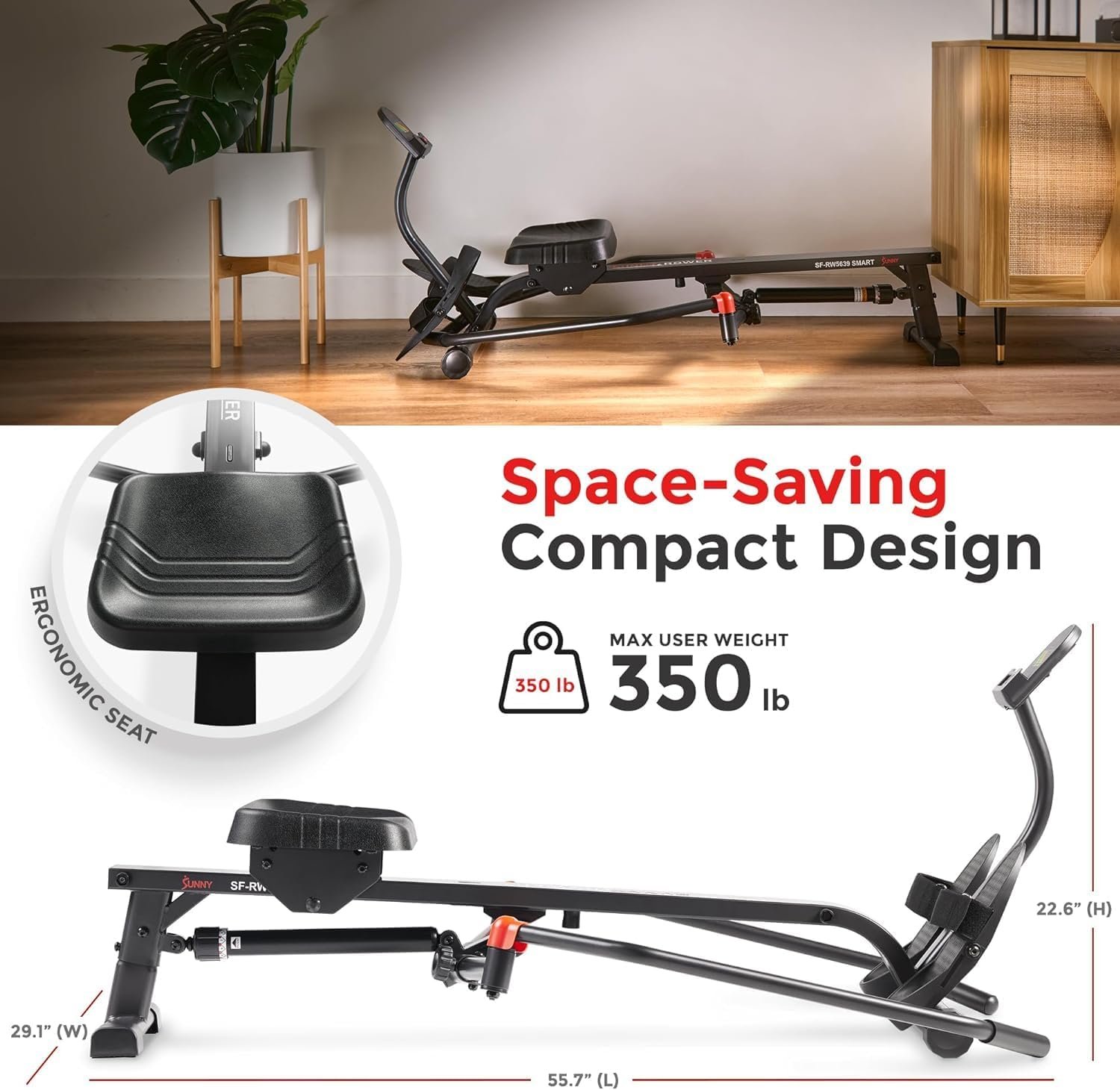 Sunny Health & Fitness Smart Compact Full Motion Rowing Machine, Full-Body Workout, Low-Impact, Extra-Long Rail, 350 LB Weight Capacity and Optional Free SunnyFit® App Enhanced Connectivity - Image 3