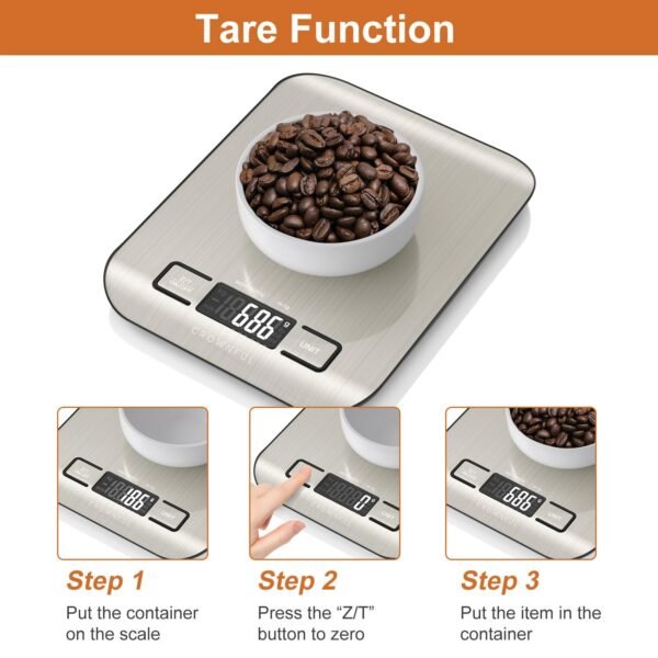 CROWNFUL Food Scale, 11 lb Digital Kitchen Scales with Built-in Coin Battery, Weight Ounces and Grams for Cooking and Baking, 6 Units with Tare Function, LCD Display, 304 Stainless Steel - Image 6
