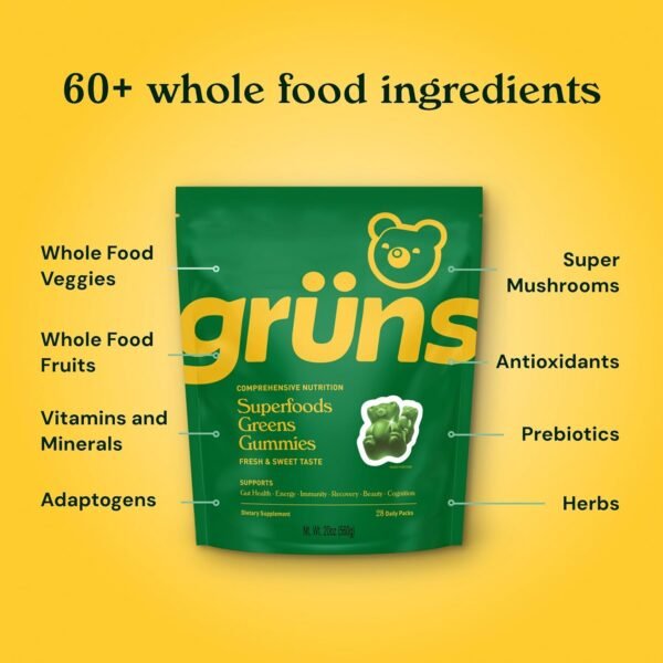 Gruns Adults Super Greens Gummies, Superfood Gummy Bears with Spirulina, Chlorella & Prebiotics for Digestive Health - Adaptogens Supplement with 20 Vitamins & Minerals, Low Sugar- 1 Month Supply - Image 4