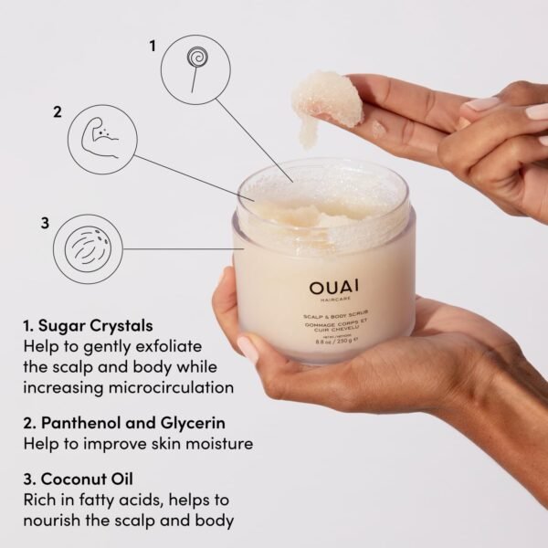 OUAI Scalp & Body Scrub, Melrose Place - Exfoliating Body Scrub with Sugar & Coconut Oil Blend for Smooth, Moisturized Skin - Gentle Scalp Scrub for Removing Product Build Up (8.8 Oz) - Image 4