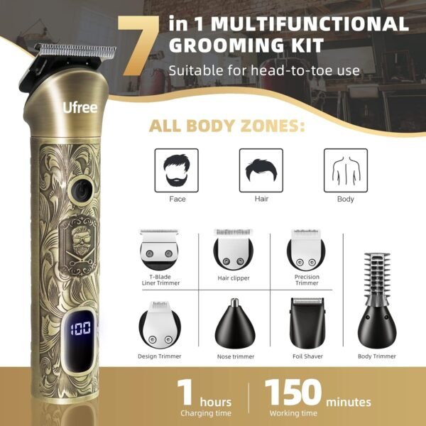 Ufree Beard Trimmer for Men, Electric Razor, Cordless Hair Clippers Shavers for Men, Shaving Kit for Mustache, Body, Nose, Ear and Face, 7 in 1 Beard Grooming Kit, Gifts for Men - Image 3